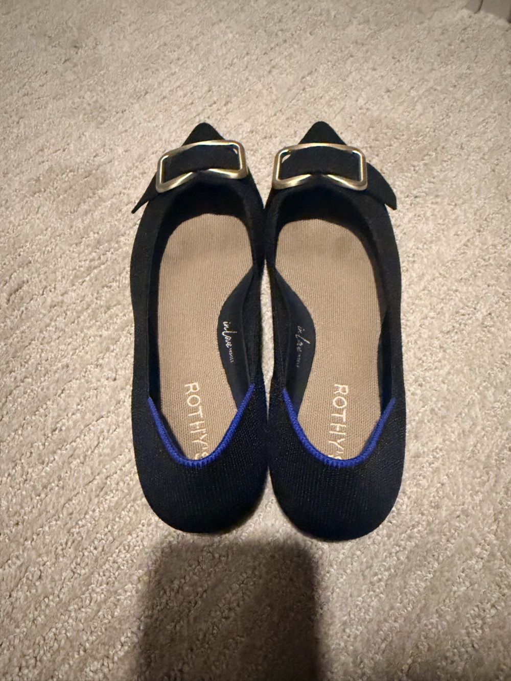 Rothy's Black Ballet Flats with Blue Accent and Gold Buckle